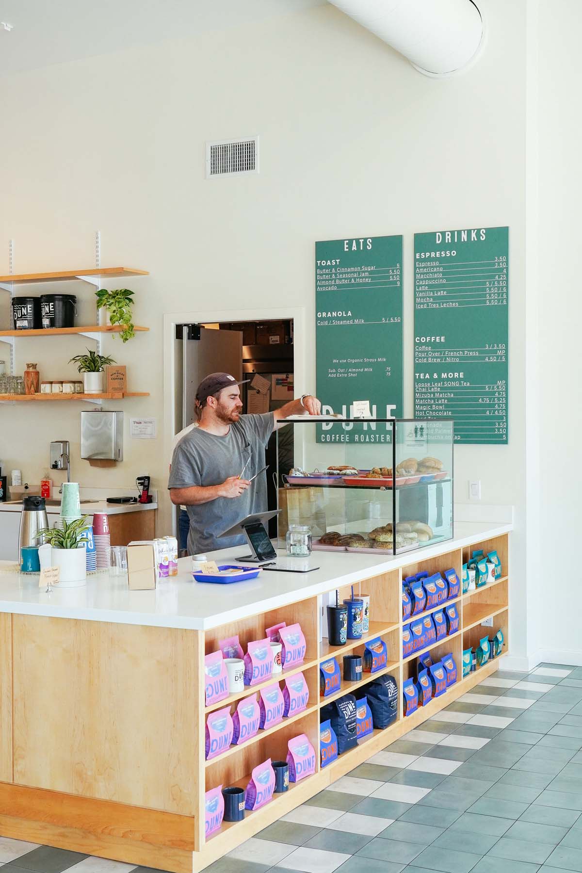 Side view of counter at Dune coffee Calle Real location in Santa Barbara, California